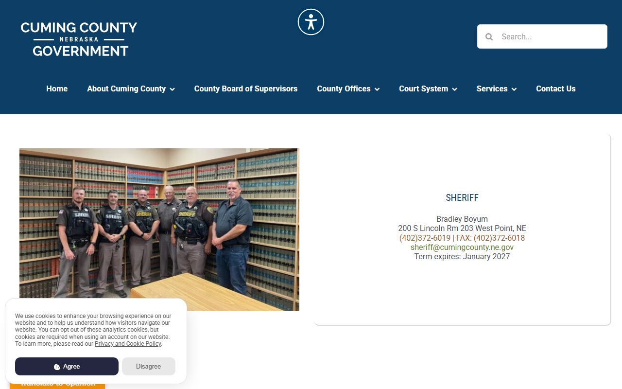 Cuming County Sheriff's Office custody and jail intake contact page
