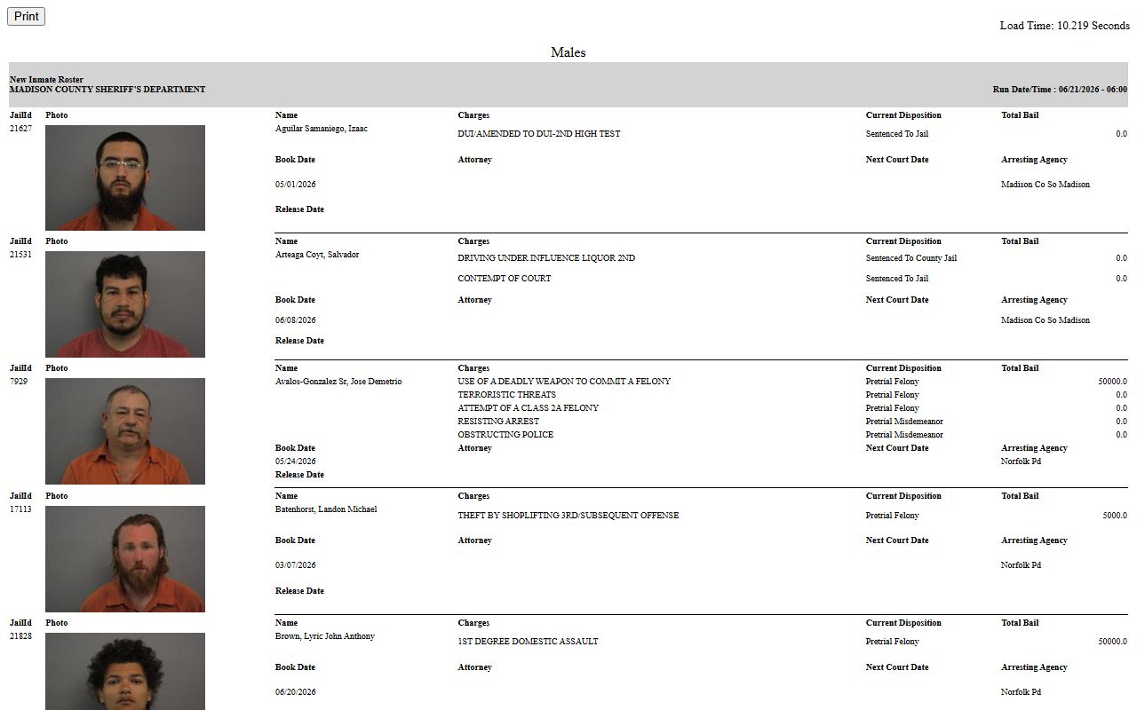 Madison County Jail roster fields for Cuming County inmate population lookup