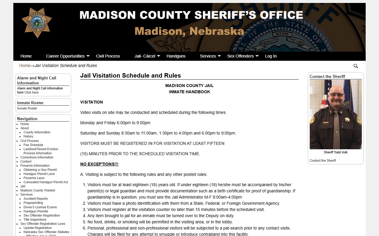 Madison County Jail visitation schedule and rules for boarded inmates