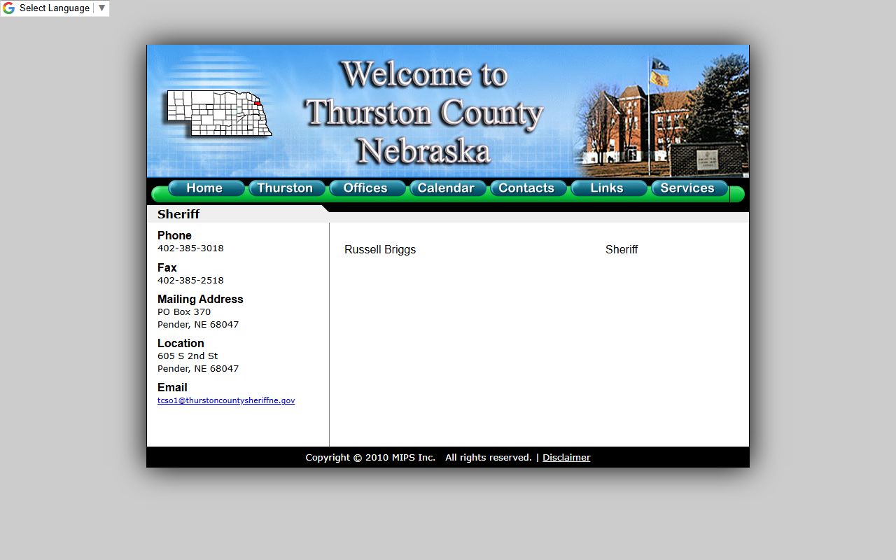 Thurston County Sheriff contact for jail custody and Cuming County boarding fallback